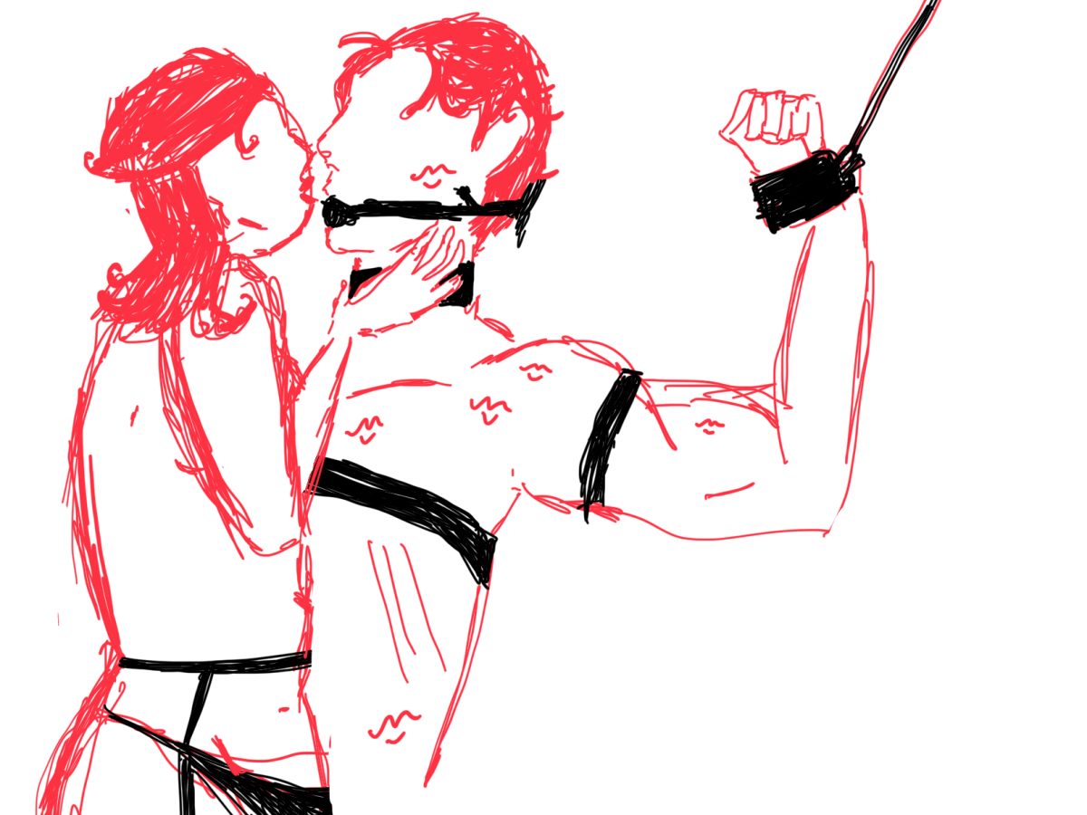 An illustration of a woman and man engaged in bondage