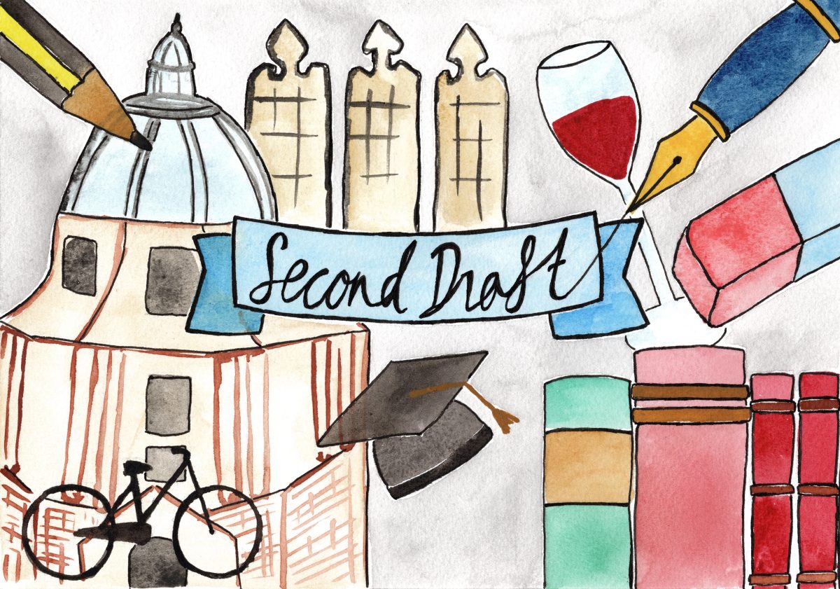 Illustration of Oxford buildings and study materials surrounding text that reads 'Second Draft'