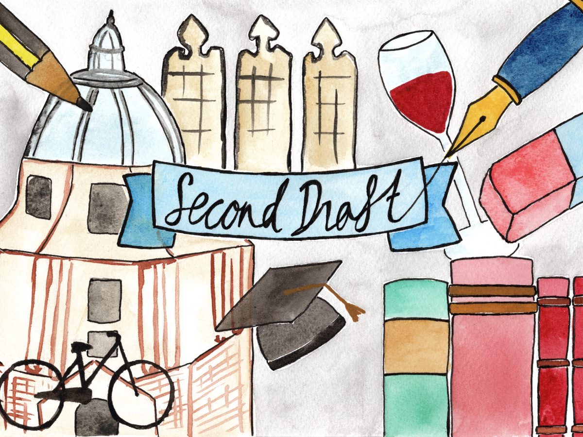 Illustration of Oxford buildings and study materials surrounding text that reads 'Second Draft'