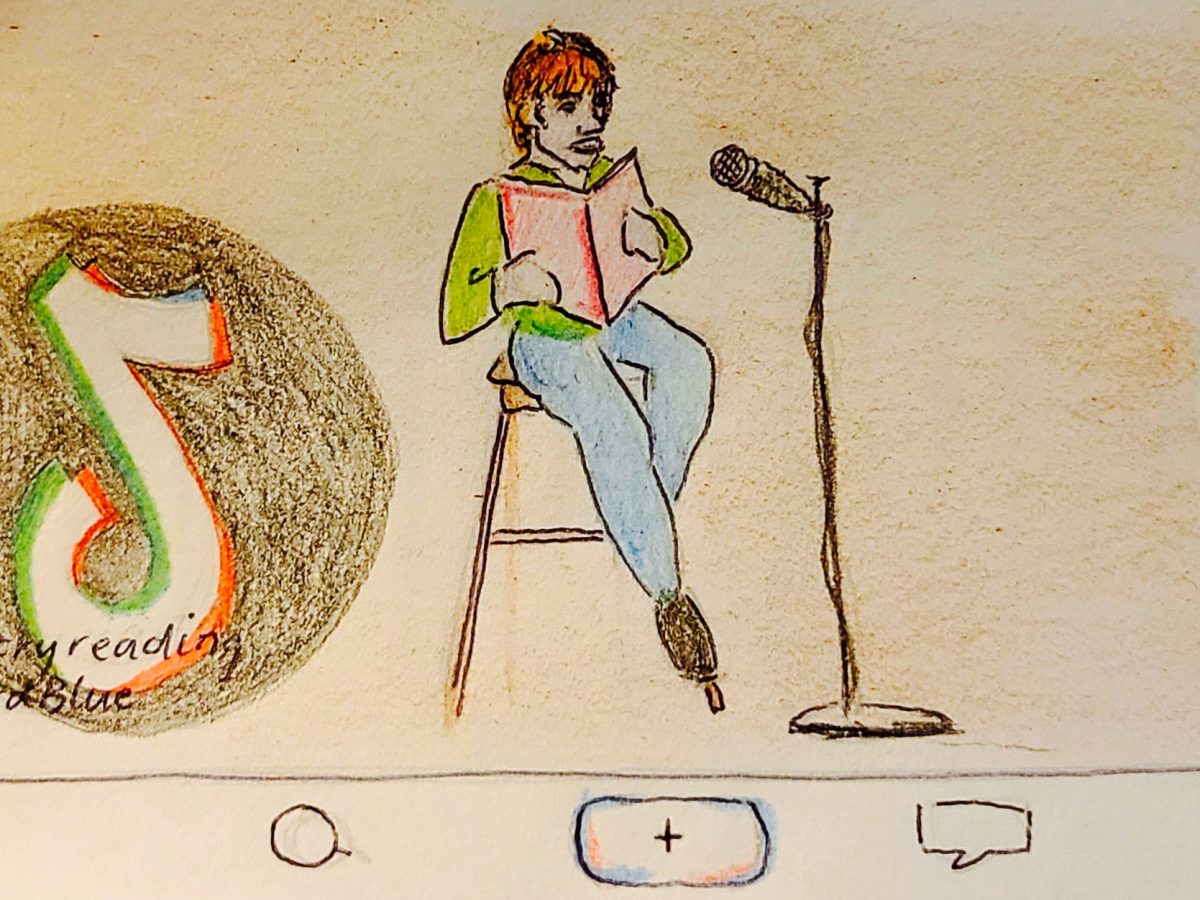 An illustration of a poet on the platform TikTok reading aloud.