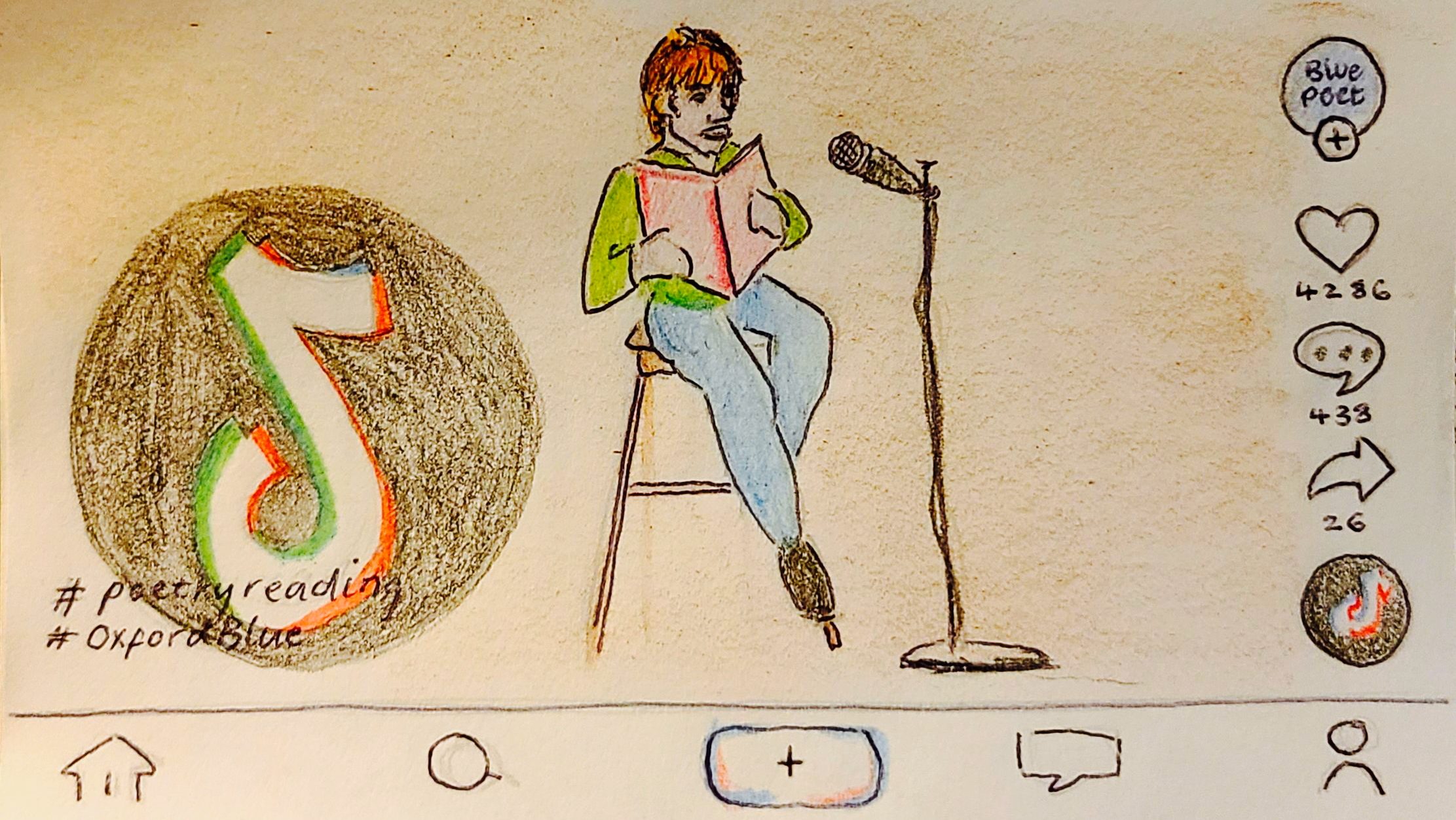 An illustration of a poet on the platform TikTok reading aloud.