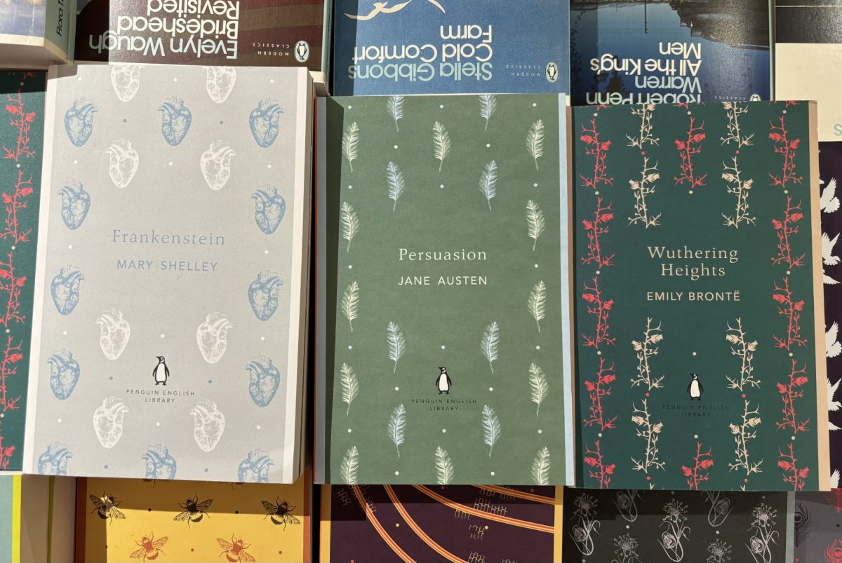 An image of three classic novels in a row, from left to right: Mary Shelley's Frankenstein, Jane Austen's Persuasion, and Emily Bronte's Wuthering Heights