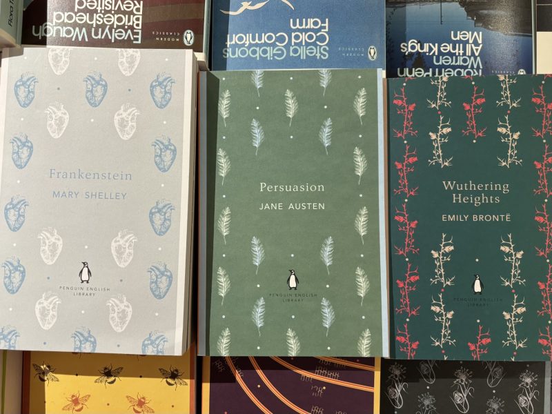An image of three classic novels in a row, from left to right: Mary Shelley's Frankenstein, Jane Austen's Persuasion, and Emily Bronte's Wuthering Heights