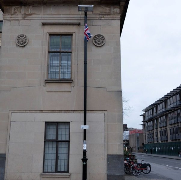 A flag erected on a lamp post in Oxford