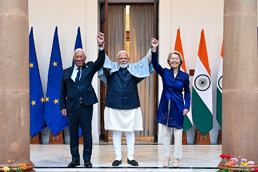 European Commission President Ursula von der Leyen and Indian Prime Minister Narendra Modi celebrating the India/EU Trade Deal.