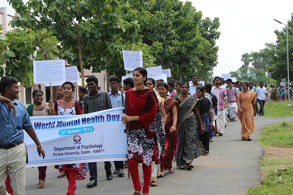 Rally conducted by students of the Department of Psychology during the World Mental Health Day 2014 at Periyar University, Salem, India.