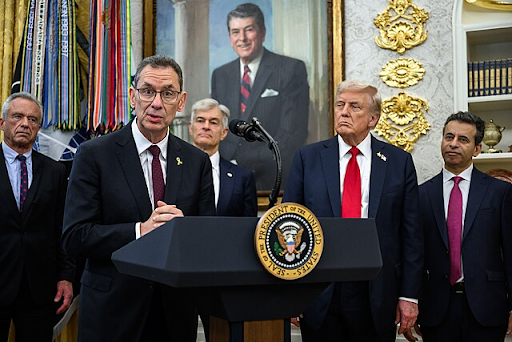 Pfizer CEO Albert Bourla delivers remarks after President Donald Trump made an announcement on drug pricing, Tuesday, September 30, 2025, in the Oval Office.