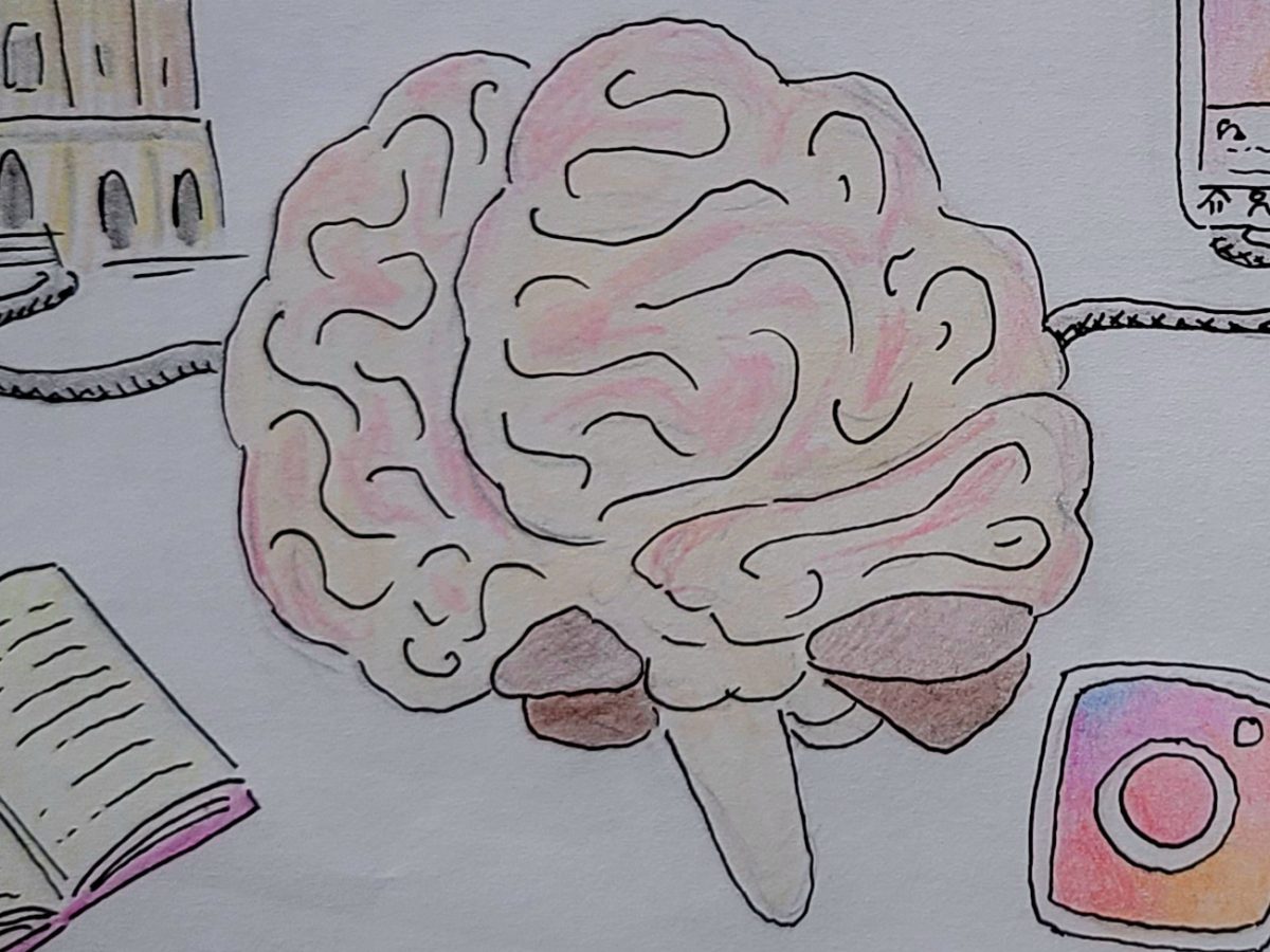 An illustration of a brain connected to both drawings representing social media, but also ones representing academic life in Oxford.