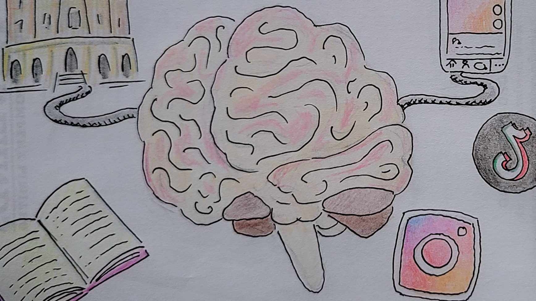 An illustration of a brain connected to both drawings representing social media, but also ones representing academic life in Oxford.