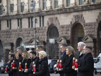 Ukrainian President Volodymyr Zelenskyy and First Lady Olena Zelenska lead a tribute by leaders of the “Coalition of the Willing” in Kyiv, on the fourth anniversary of Russia’s invasion of Ukraine.