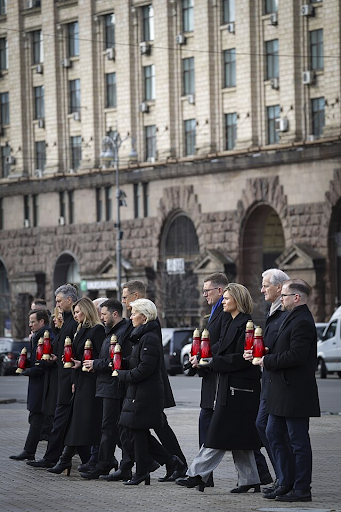 Ukrainian President Volodymyr Zelenskyy and First Lady Olena Zelenska lead a tribute by leaders of the “Coalition of the Willing” in Kyiv, on the fourth anniversary of Russia’s invasion of Ukraine.