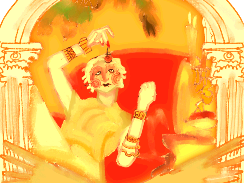 An illustration of a scene from Megalopolis: a woman in a gold dress is laying on a red couch.