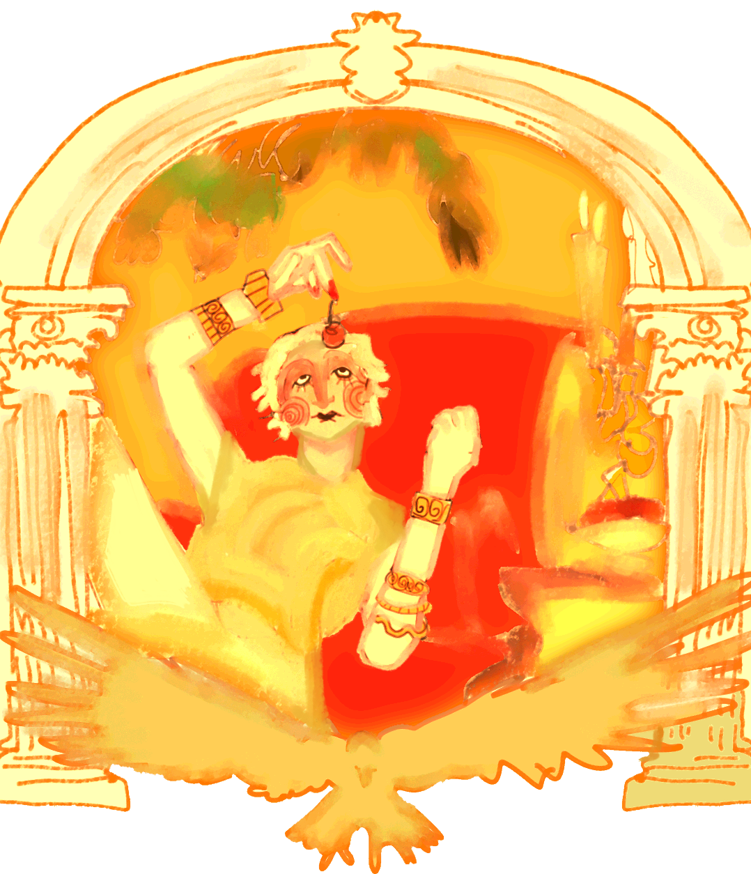 An illustration of a scene from Megalopolis: a woman in a gold dress is laying on a red couch.