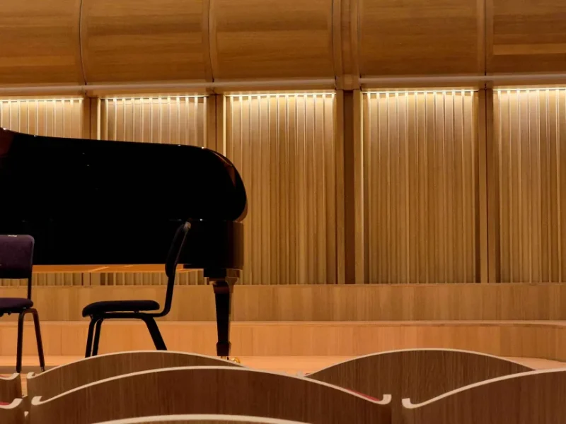 A view of the piano from the seats at the Sohmen Concert Hall