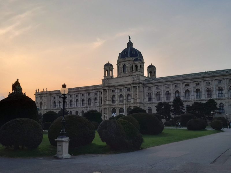 Photo of the Natual History Museum, Vienna, as the sun is setting