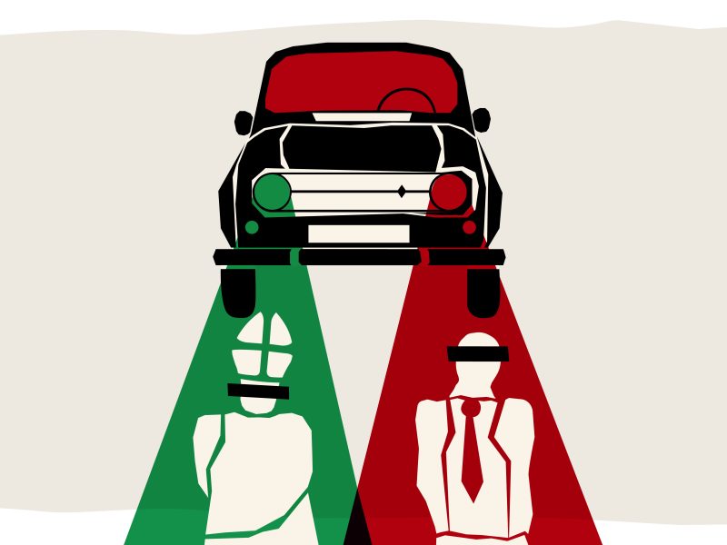 A graphic of a taxi shining lights on a Pope and a man.