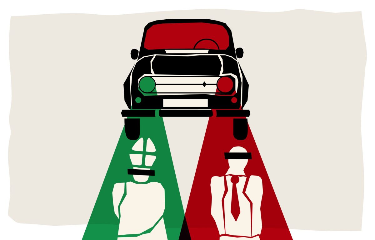 A graphic of a taxi shining lights on a Pope and a man.