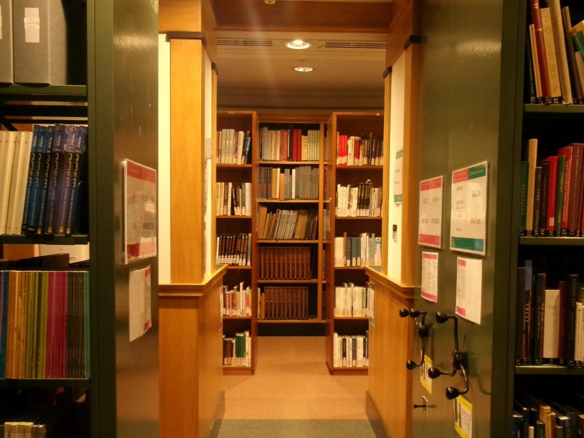 An empty library between the bookshelves.