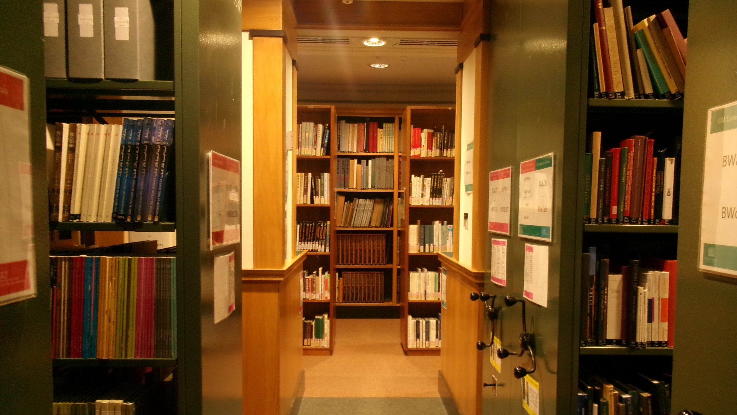 An empty library between the bookshelves.