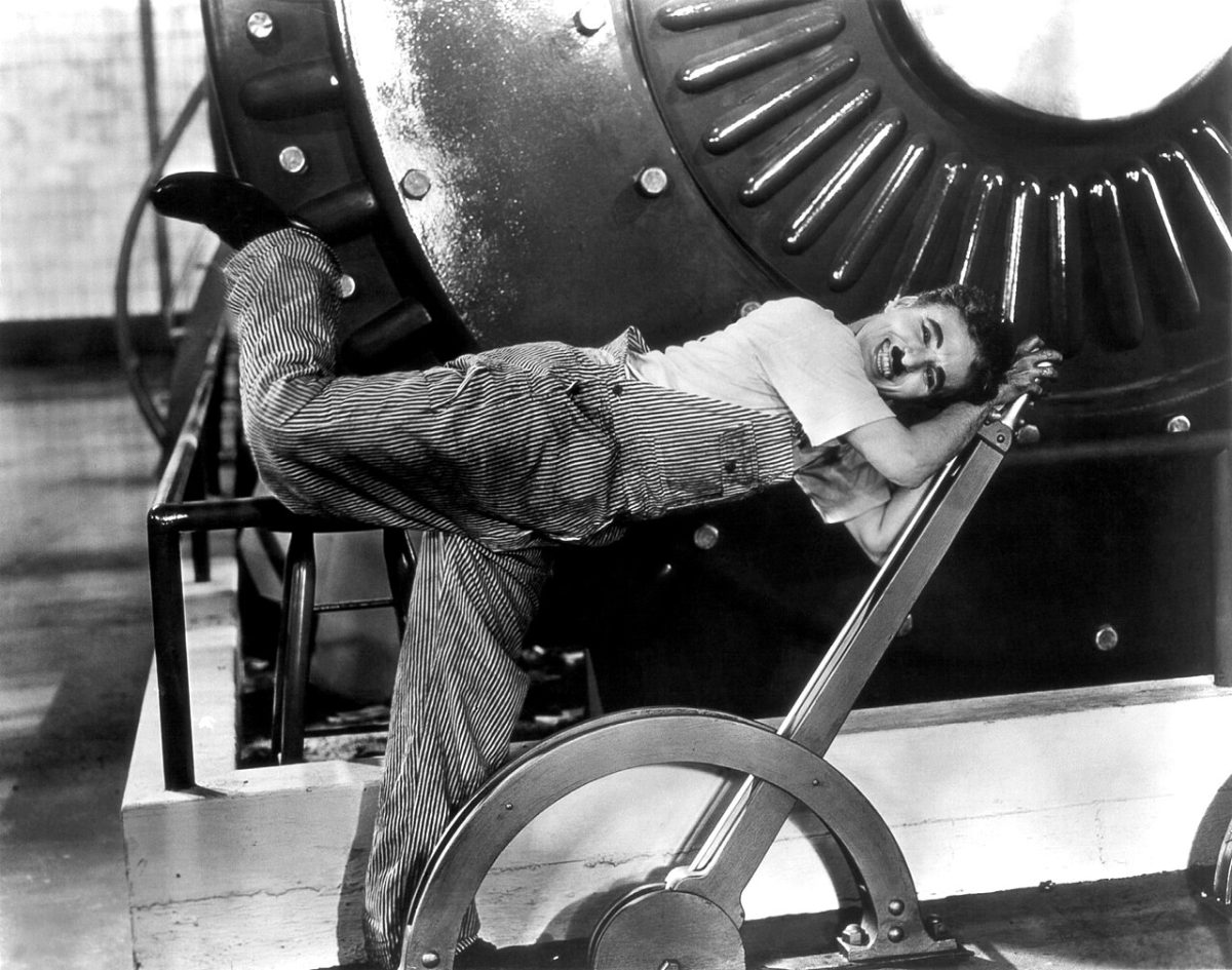 Publicity photo of Charlie Chaplin for the film Modern Times (1936).
