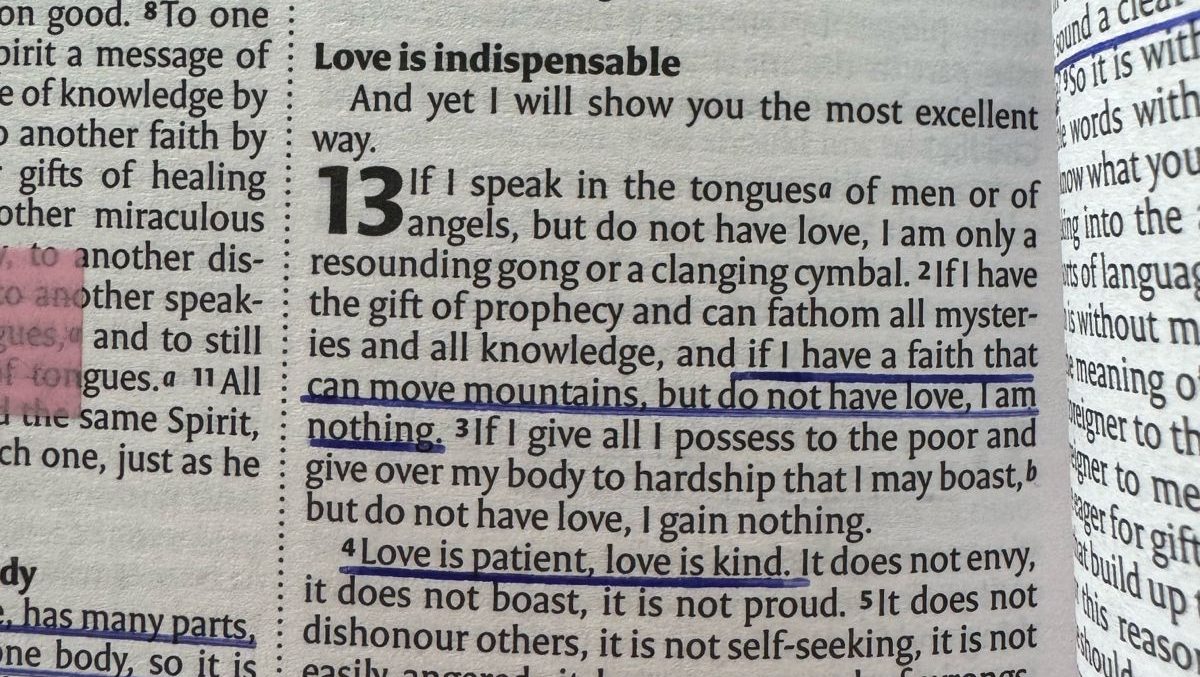 An image of the NIV Bible, 1 Corinthians 13