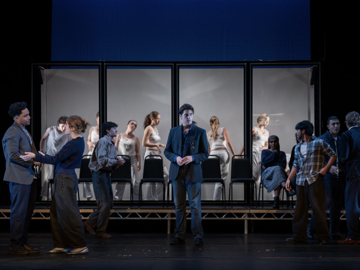 A snippet of "The Seagull" at the Oxford Playhouse, with all of the cast on a moody stage.