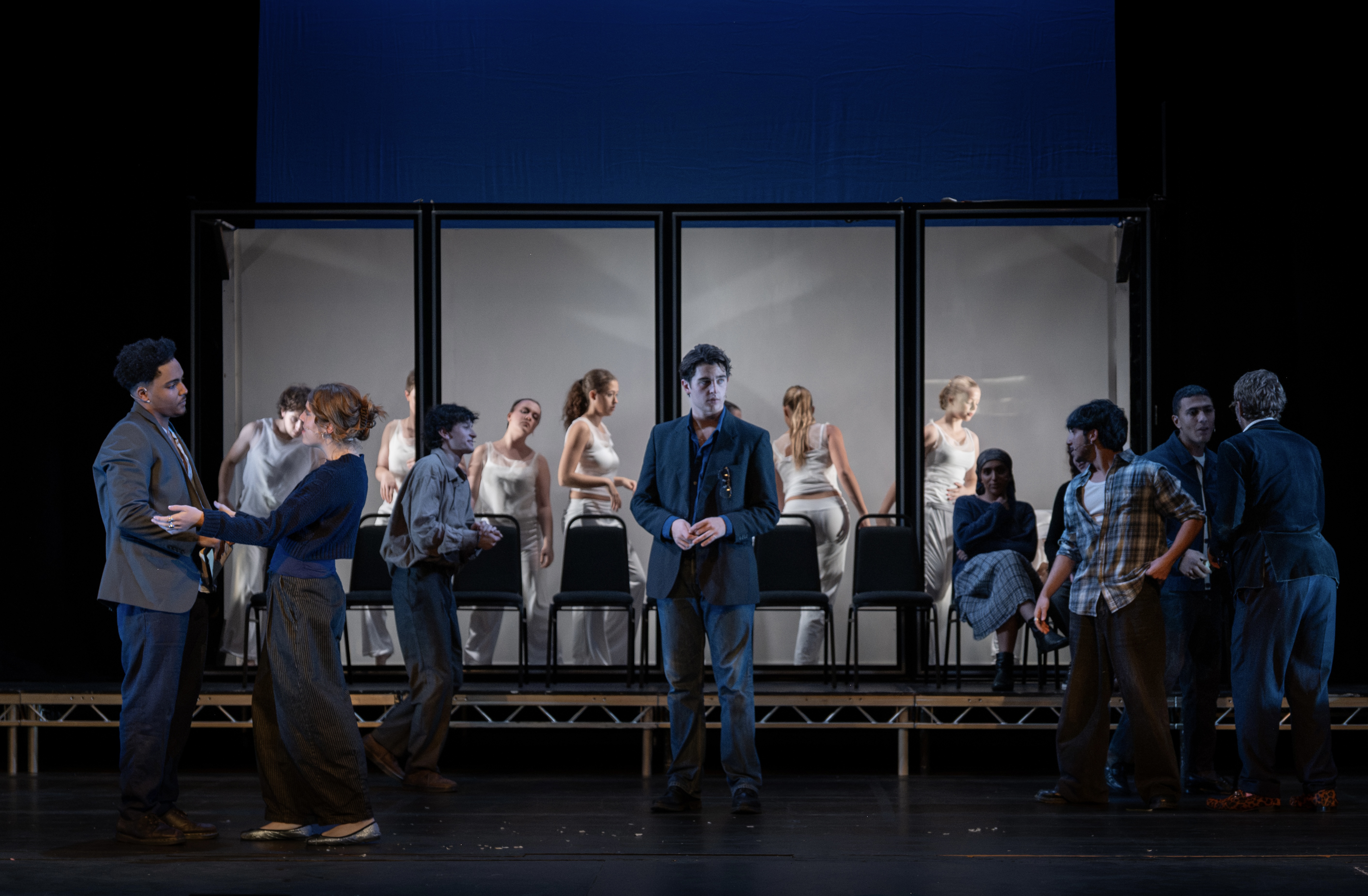 A snippet of "The Seagull" at the Oxford Playhouse, with all of the cast on a moody stage.