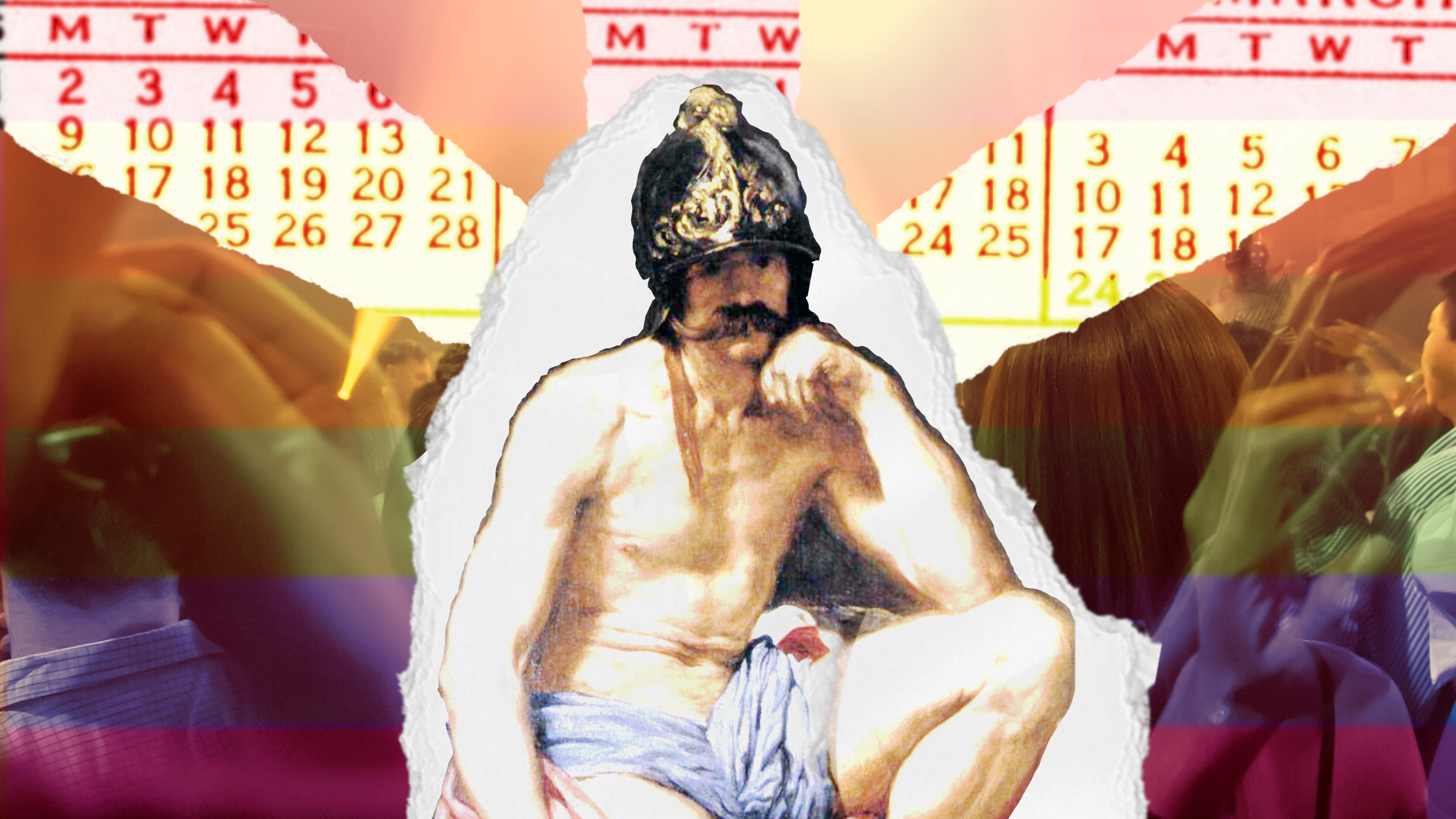 A collage of a resting Mars, surrounded (and delighted) by queer symbolism. Crowd Image Credit: Vyacheslav Argenburg. Licensed under the Creative Commons Attribution 4.0 International license.
