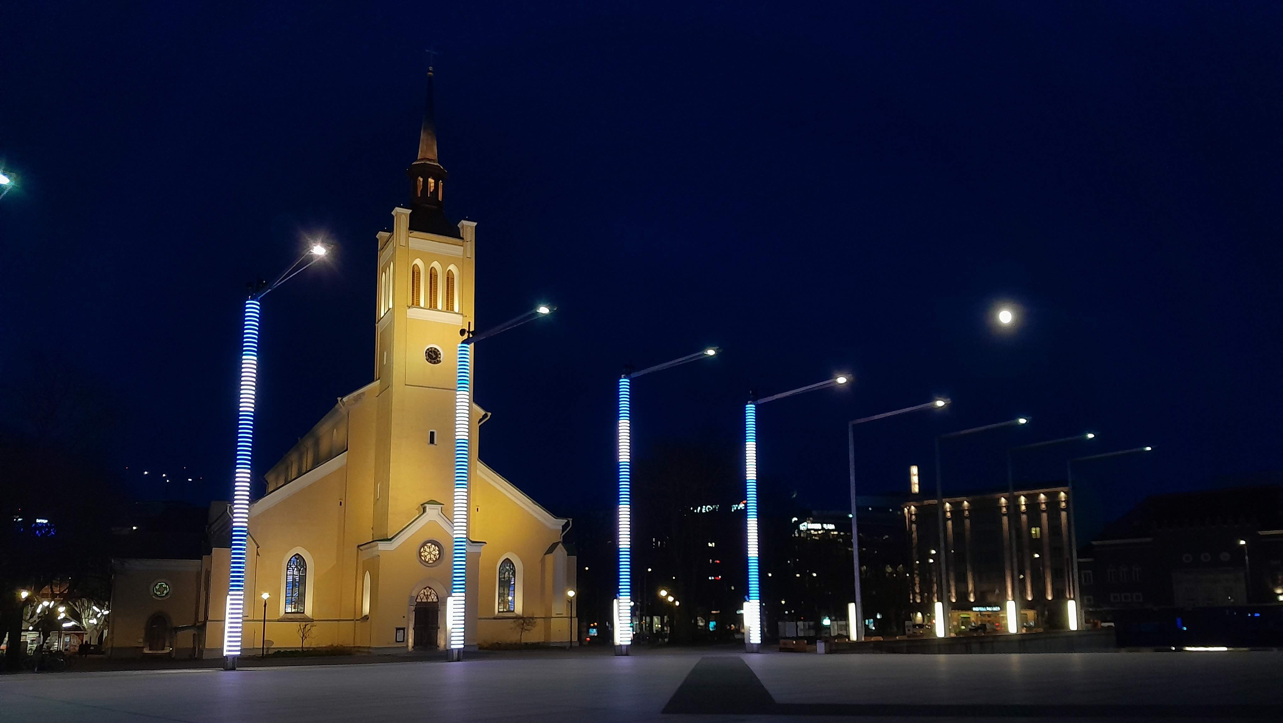 Photo of a church lit up at night