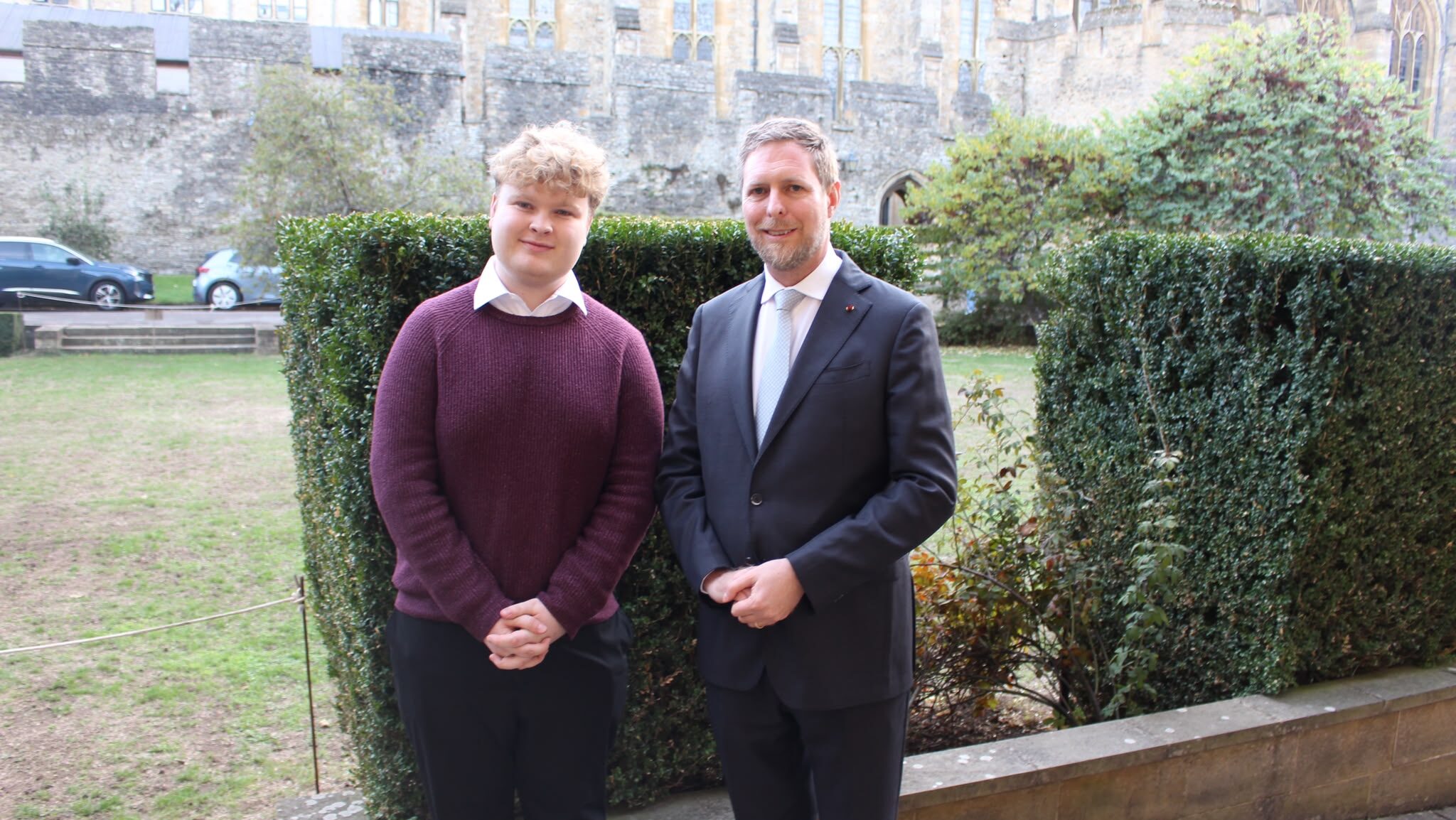 Editor-in-Chief Noah Allerton stood next to Leka II, Crown Prince of the Albanians, in New College.