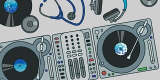 Illustration depicting a turntable, records, a stethoscope and some headphones.