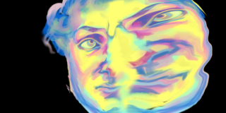 A yellow, blue, and pink illustration of a man's face. The face is stoic yet distorted, one side is warped and bigger than the other.