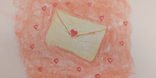 The image shows a cream envelope with a small pink heart on the seal. Behind the envelope there is a pink cloud with small pink hearts.