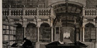 Black and white old illustration of a reading room in the Bodleian Library showing one student studying at a desk, surrounded by bookshelves. "File:Bodleian Library, Oxford; interior showing study desks. Line Wellcome V0014204.jpg" is licensed under CC BY 4.0.