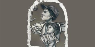 Monochrome illustration of a female baseball player with younger self inside.