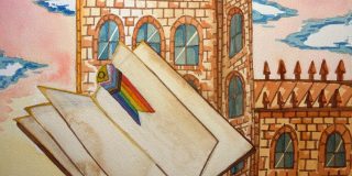 Our regular image for the Diaries of a Thought Son column, a castle with a flying bookmark featuring the LGBT flag.