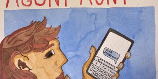 A student with brown hair holding a phone with a text on it reading "Dear Agony Aunt". A banner in pink at the top reads "Agony Aunt"