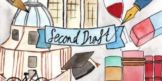 Illustration of Oxford buildings and study materials surrounding text that reads 'Second Draft'