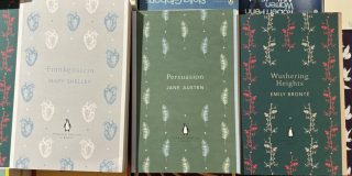 An image of three classic novels in a row, from left to right: Mary Shelley's Frankenstein, Jane Austen's Persuasion, and Emily Bronte's Wuthering Heights