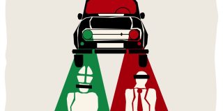 A graphic of a taxi shining lights on a Pope and a man.