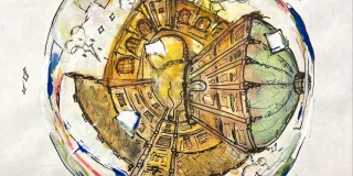 Artwork of key Oxford Landmarks, such as the Radcliffe Camera and Sheldonian Theatre, within a globe Image. Credit by Evie Fairclough-Kay